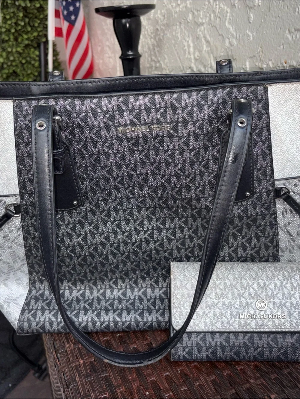 Michael Kors Black and metallic silver MK Logo Tote with matching wallet set